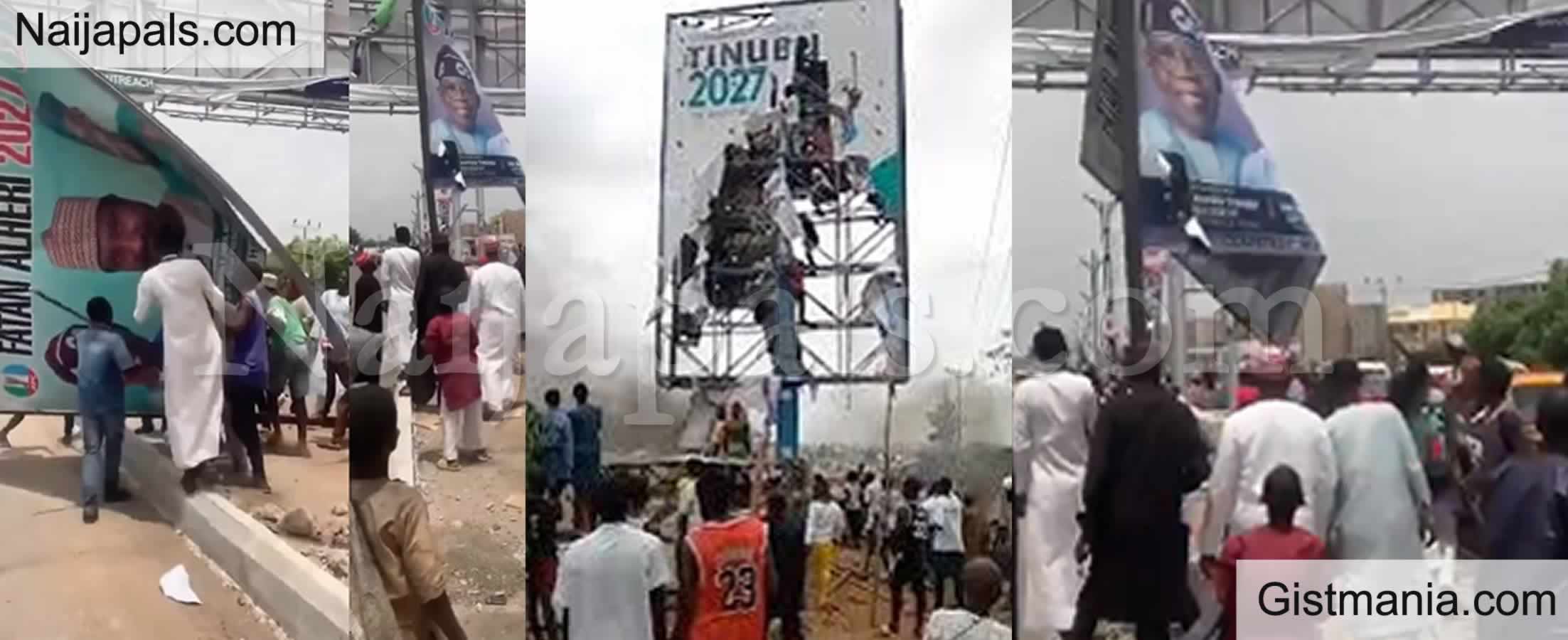 Trending Video of Angry Residents Destroying Tinubu, APC 2027 Campaign Billboards In Kano State