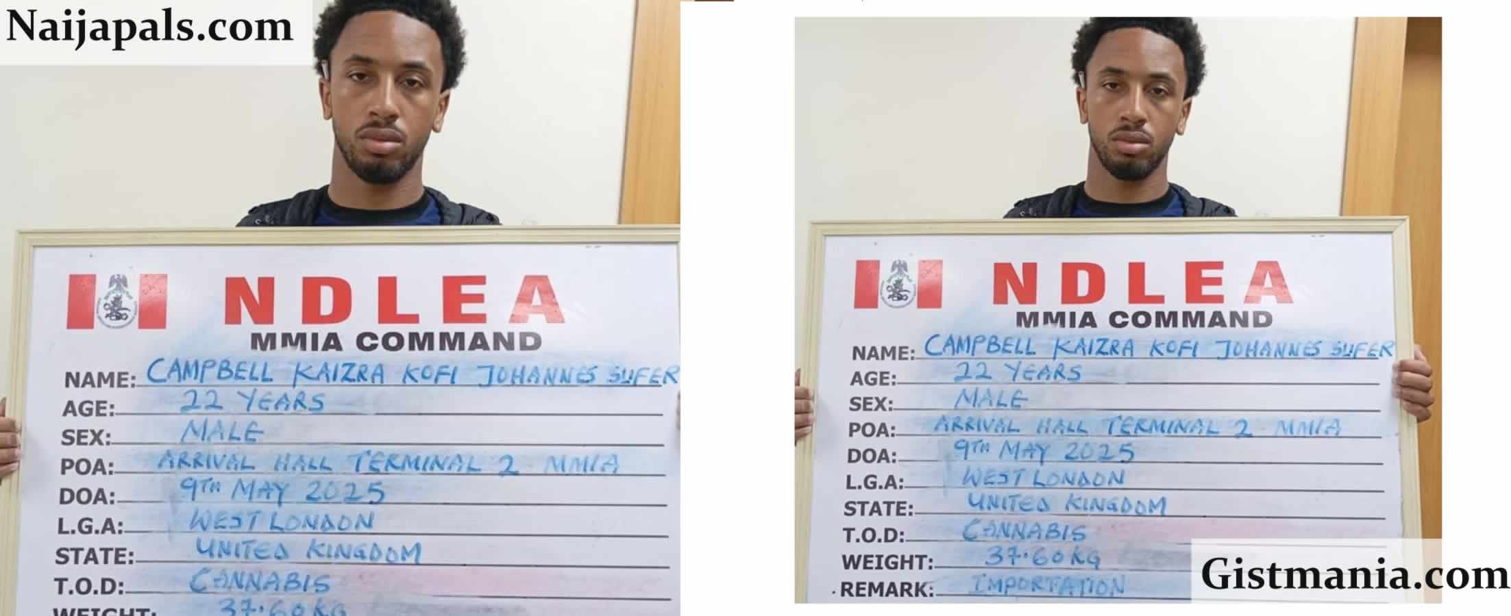 22-Year-Old UK Ex-Convict, Campell Kaizra Kofi Slifer Caught At Lagos Airport With Cannabis Worth 37kg