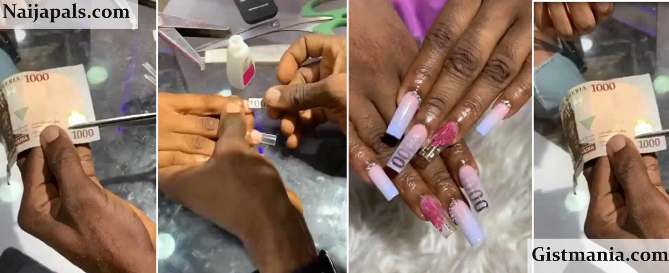 Outrage As Nigerian Lady Cuts ₦1,000 Note To Decorate Nails (Video)