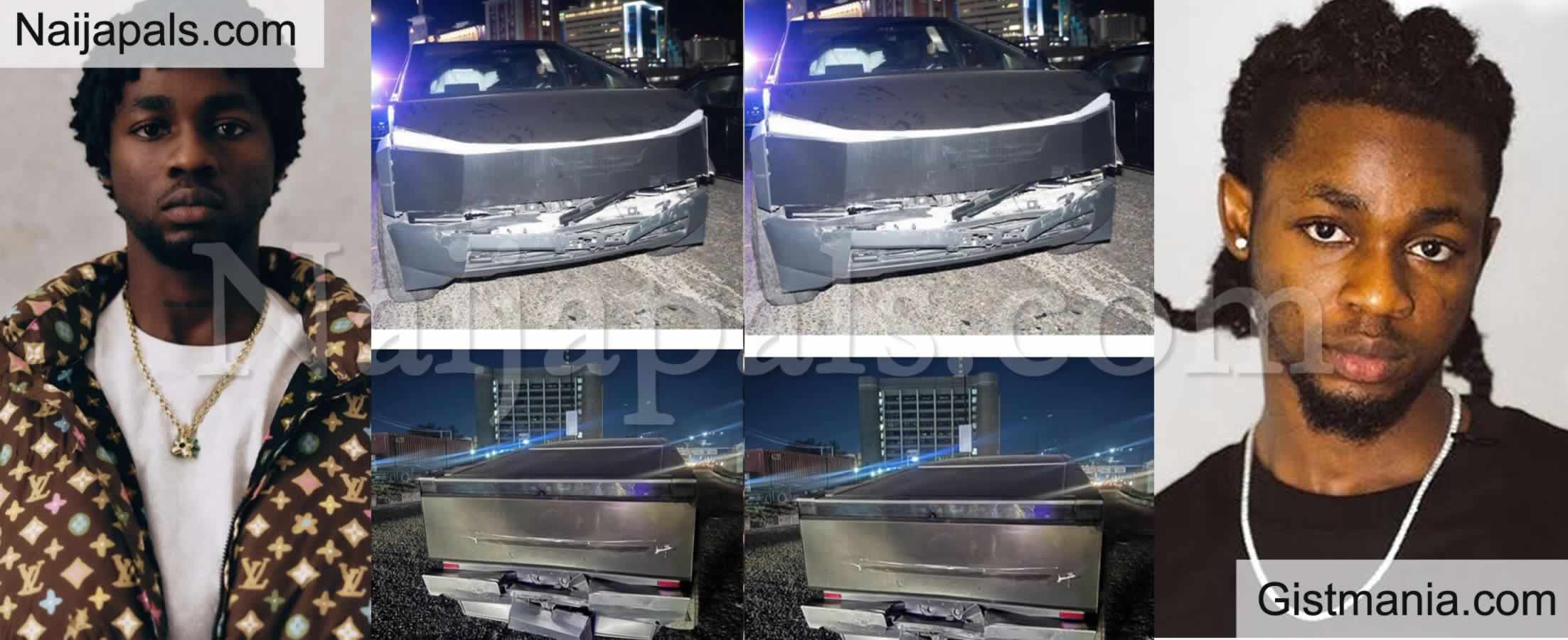 Singer Omah Lay Badly Crashes His Two Tesla Cybertrucks As He Survives Car Accident (VID)