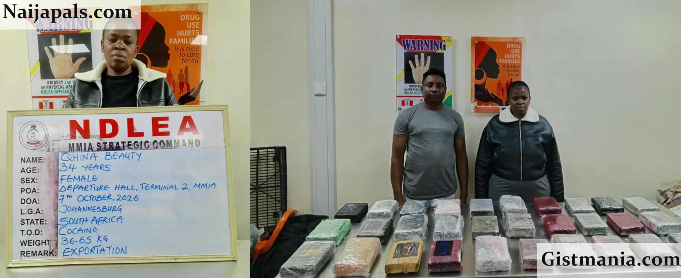 NDLEA Arrests 34-Year-Old South African Woman, Qhina Beauty With 36.65kg of Cocaine at MMIA