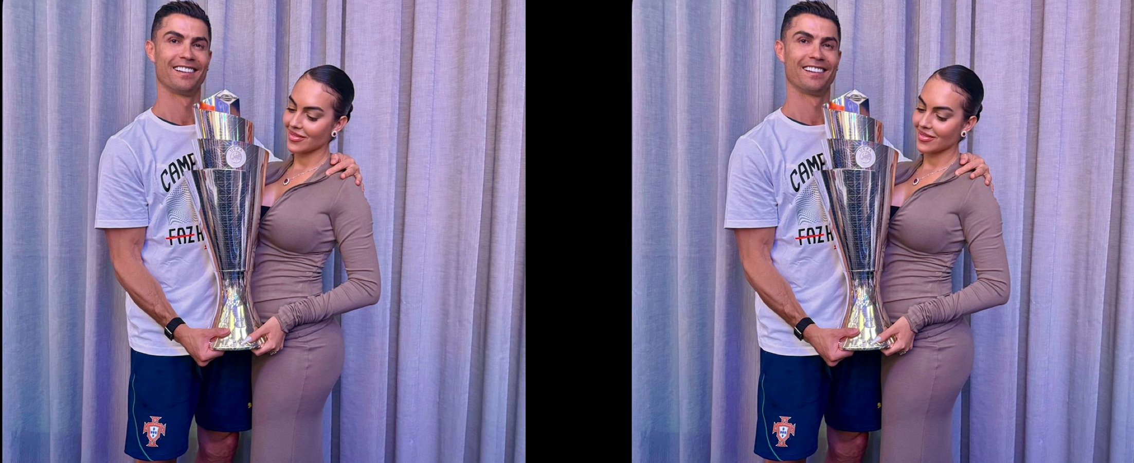 Cristiano Ronaldo With His Partner, Georgina Rodrigue Poses With Euro League Trophy