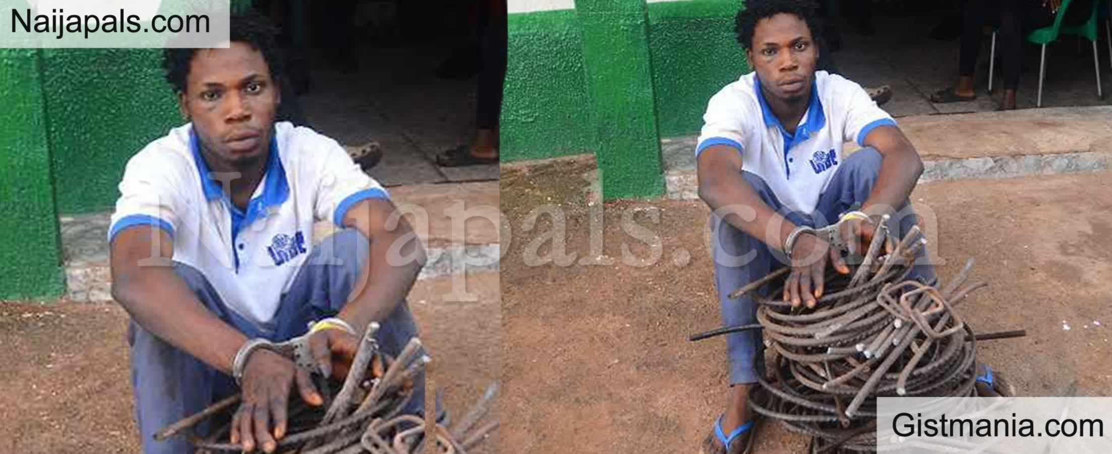 PHOTO: Security Guard, John Simon Caught Stealing Iron Rods From New Building in Delta