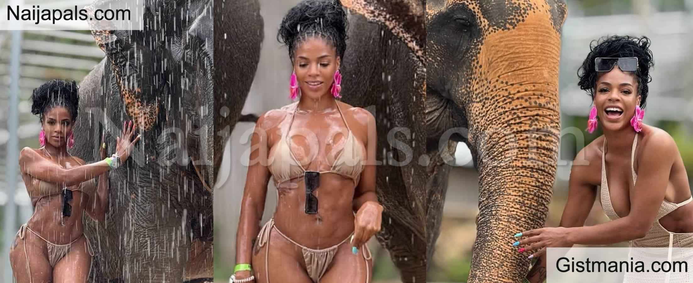 Actress Venita Akpofure Shows Off Banging Body In SExy Bikini Photos As She Poses With Elephant